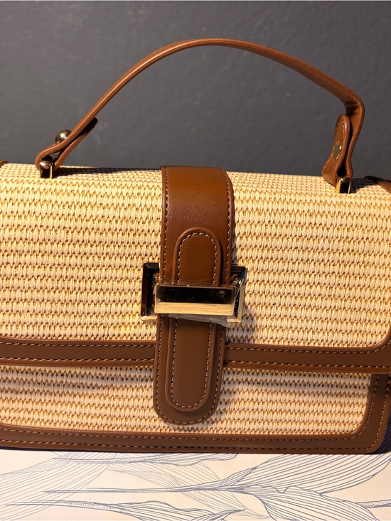 Handbags - Woven Straw Top-Handle Bag with Brown Leather Trim